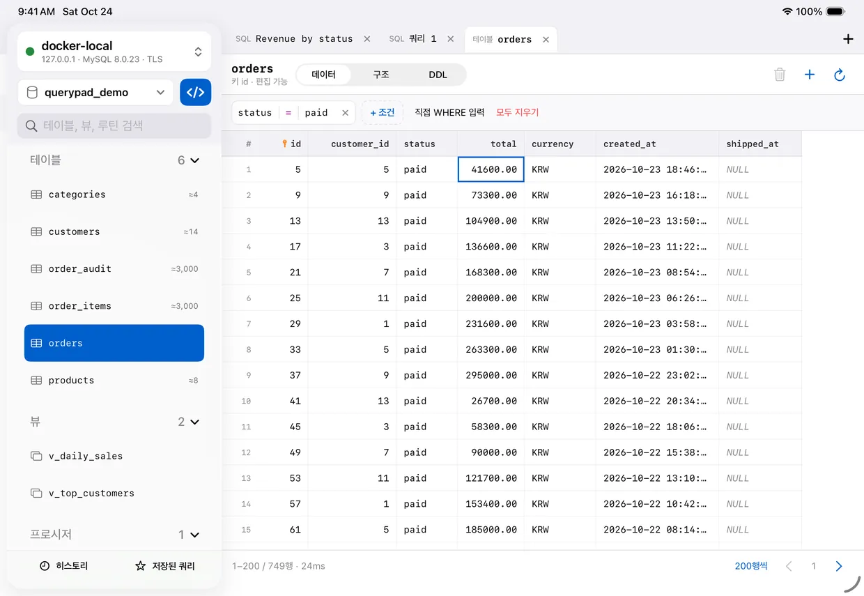 iPad의 Sqloud 테이블 그리드: 왼쪽 사이드바에 테이블 목록, 오른쪽에 status = paid 필터를 건 orders 테이블